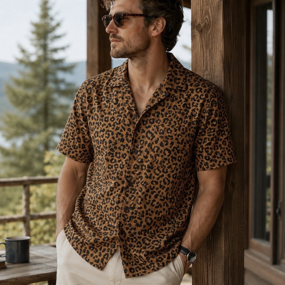 Banks Journal Wilder Shirt Mens L Camel Leopard Print Short Sleeve Camp Collar